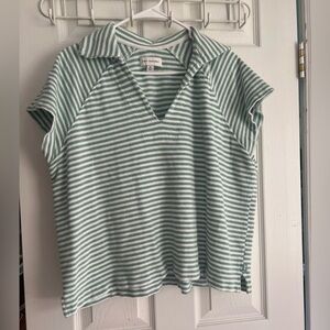 Free Assembly Terry Cloth Mint & White Striped‎ V-Neck Collared Short-Sleeve Top
